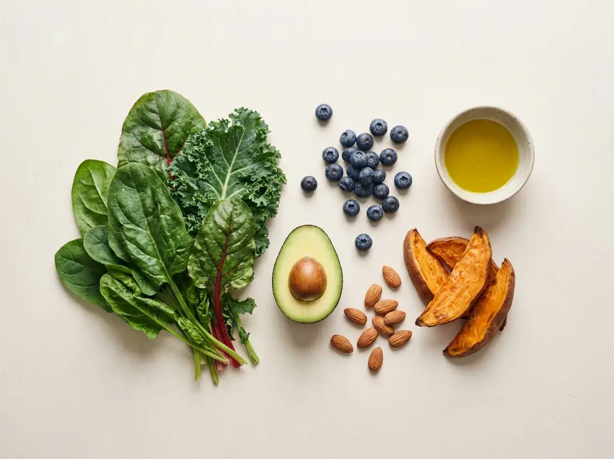 Leafy greens, an avocado half, blueberries, almonds, roasted sweet potato and a bowl of olive oil, arranged on a pale surface.